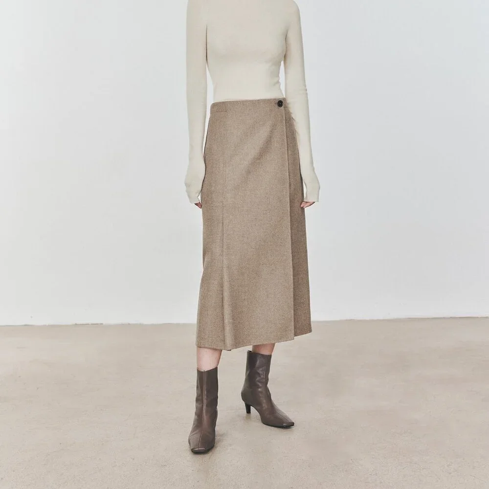 CHICJOC High-End 100% Wool Midi Wrap Skirt w/ Silk Waistband – Size 38
